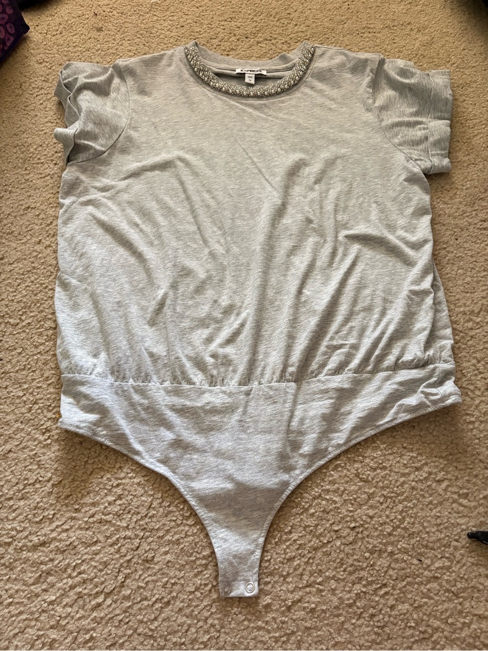 Express Silver Gray Embellished Neck Ruffle Sleeve Bodysuit
